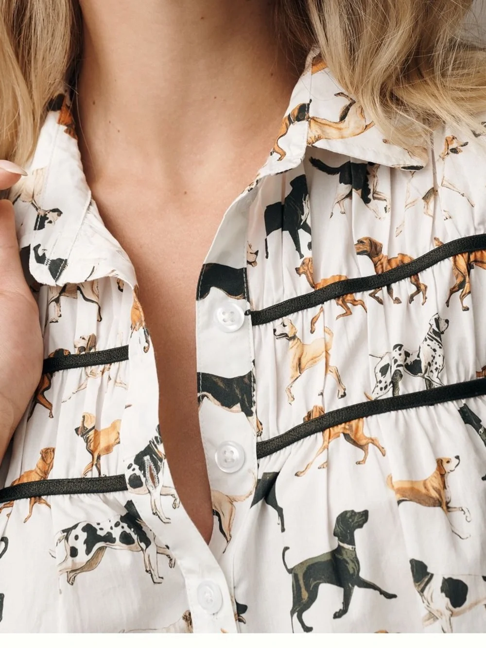 Anthro Blouse Leandra Maeve Cropped Dog Print Cream Black Brown SIZE MEDIUM NEW - Picture 3 of 7